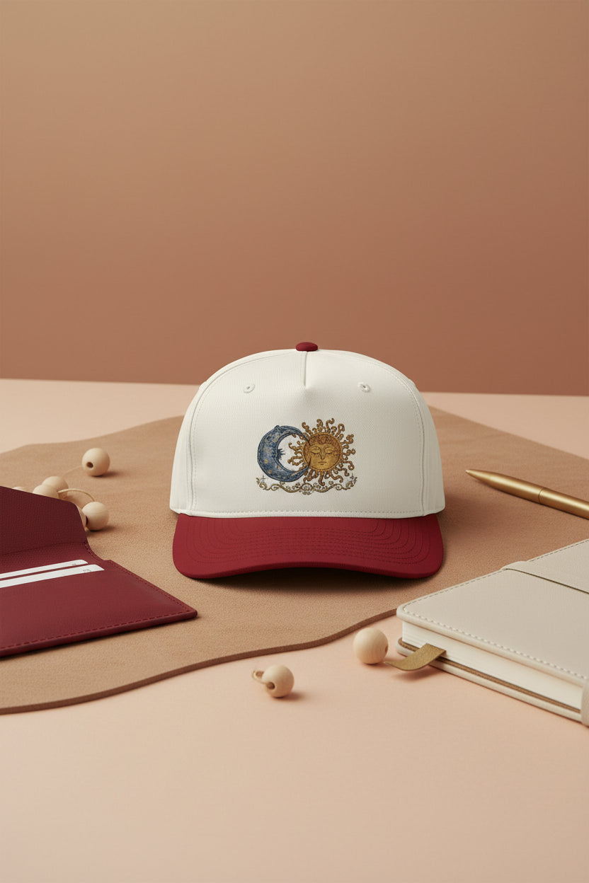 Sun & Moon Embroidered Two-Tone Cap — Celestial Vintage Sunface Baseball Hat