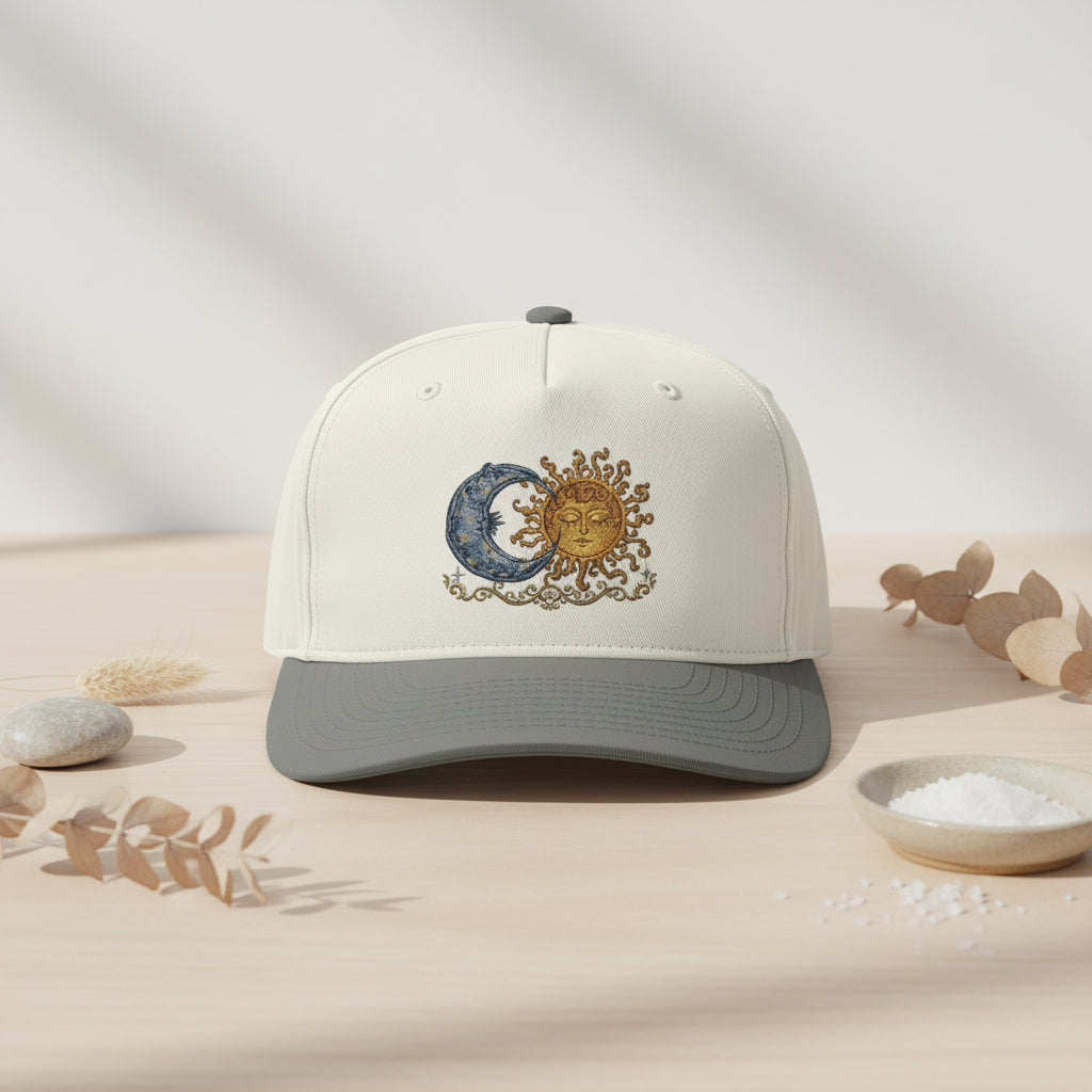 Sun & Moon Embroidered Two-Tone Cap — Celestial Vintage Sunface Baseball Hat