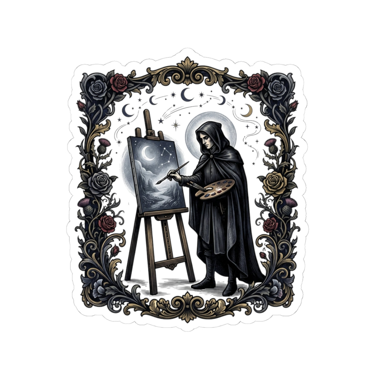 Gothic Painter Grim Reaper Sticker — Moonlight Artist Kiss-Cut Sticker
