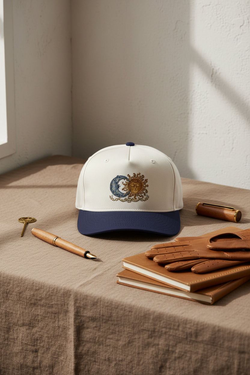 Sun & Moon Embroidered Two-Tone Cap — Celestial Vintage Sunface Baseball Hat