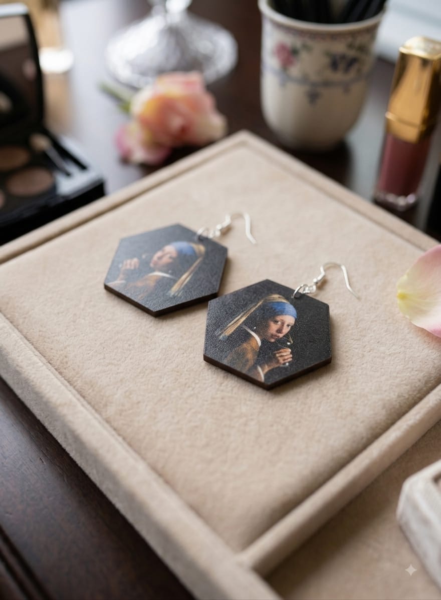 Girl with a Glass-Wooden Geometric Drop Earrings